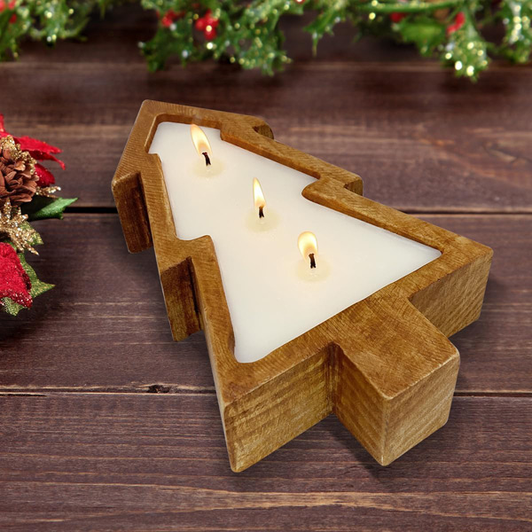 Christmas Tree Wood Dough Bowl Candles